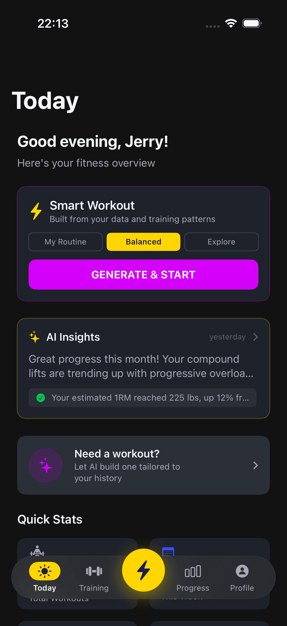 Tableau de bord de GoGAINZ sur iPhone en mode sombre, montrant une série de 12 jours d'entraînement, un record personnel de +5 kg au développé couché et 12 450 kg de volume hebdomadaire