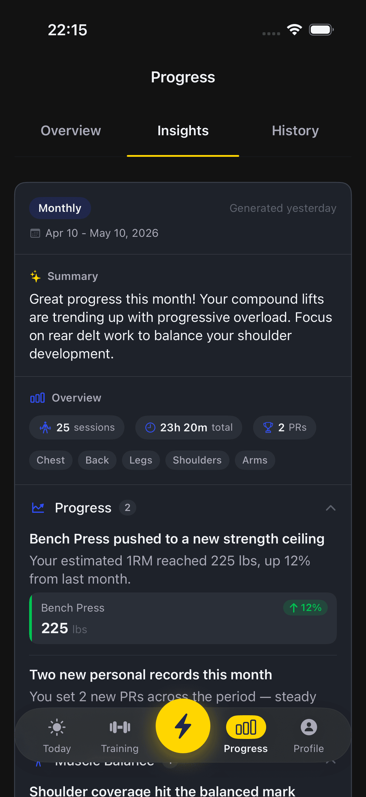 Écran de GoGAINZ sur iPhone en mode sombre: Un coach qui n'annule jamais.. Des analyses IA tirées de ton propre historique. Volume, fréquence, records. Relus pour toi.