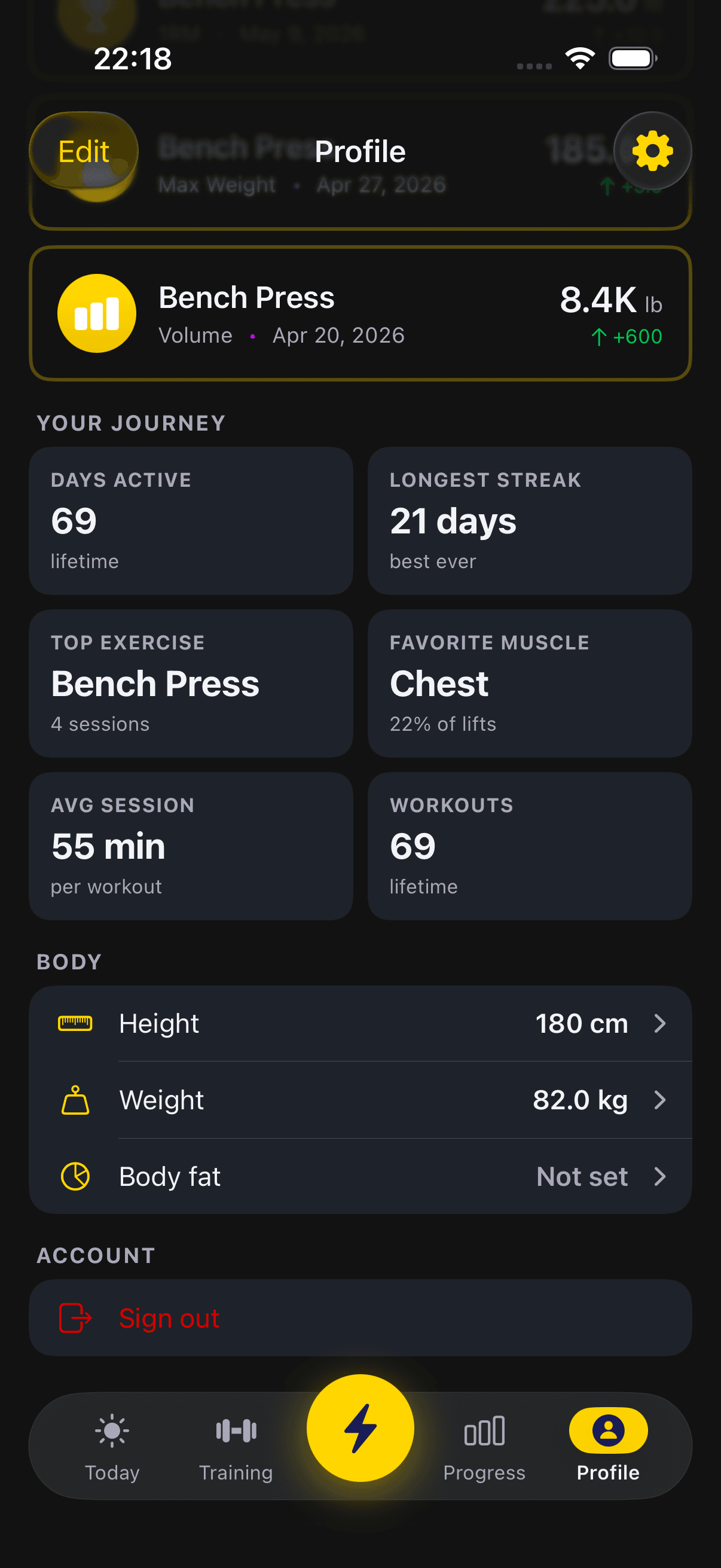 Écran de GoGAINZ sur iPhone en mode sombre: 21 jours d'affilée. Preuves à l'appui.. Jours actifs, plus longue séquence, exercice vedette. Ton parcours, en chiffres.